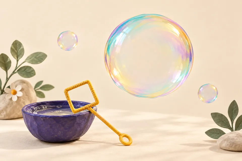 A round iridescent soap bubble floats above a purple bowl beside a yellow square bubble wand