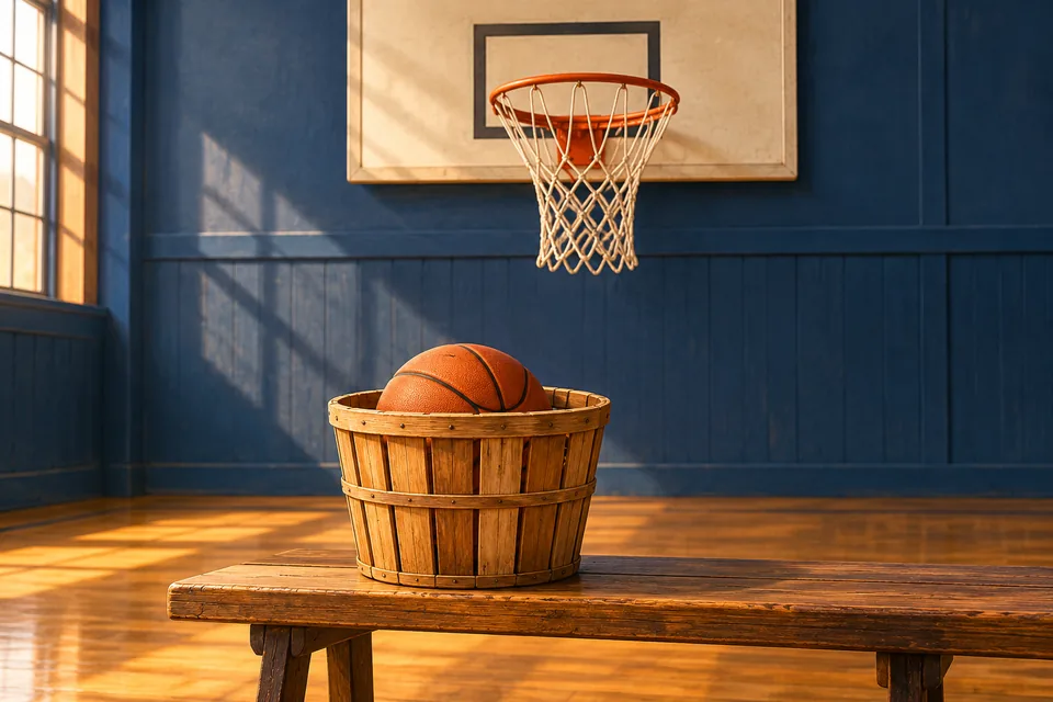 An orange basketball rests in a wooden peach basket, with a modern hoop and white net behind