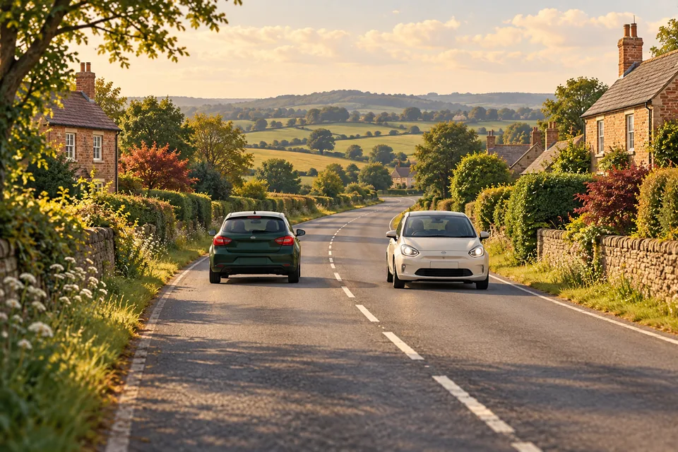 A green car driving away on the left side of a British road and a cream car approaching on the right