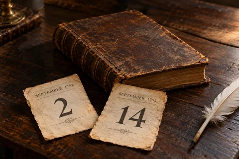 Staged September 1752 date cards numbered 2 and 14 beside an old book and a quill