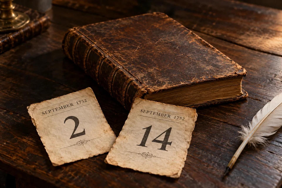 Staged September 1752 date cards numbered 2 and 14 beside an old book and a quill