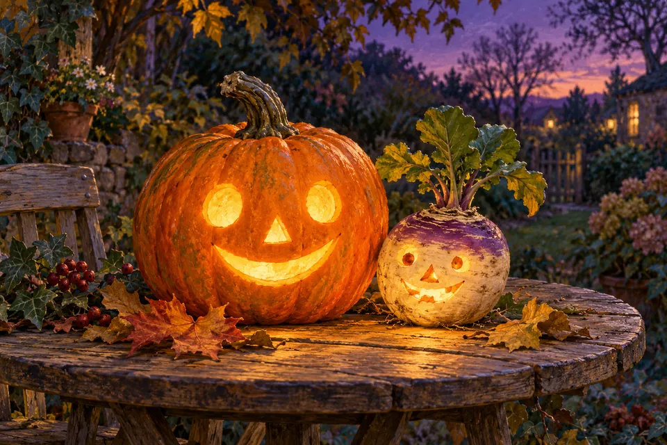 A glowing carved pumpkin and a smaller turnip lantern sit on an autumn garden table