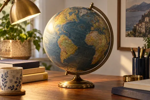 A tabletop globe illuminated from one side by a desk lamp