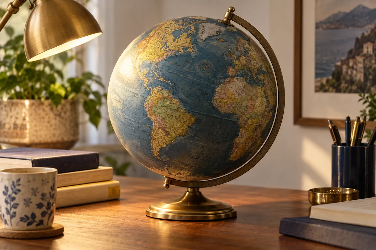 A tabletop globe illuminated from one side by a desk lamp