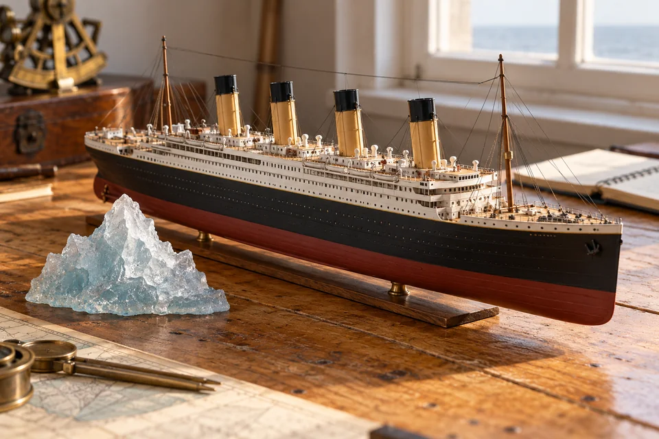 An ocean-liner scale model with four funnels on a wooden table beside a small iceberg model