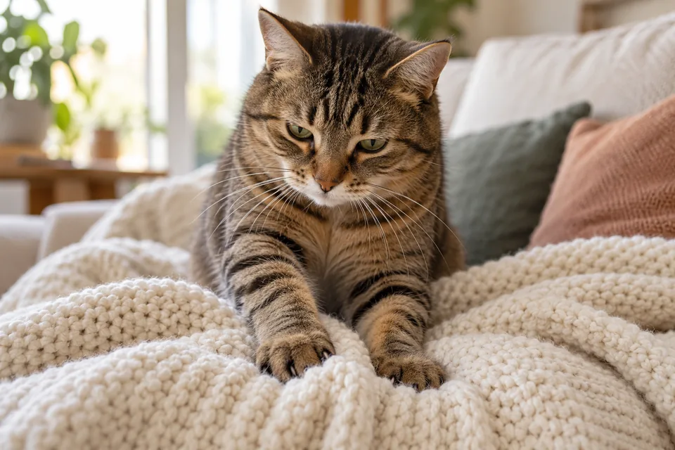 A tabby cat presses its front paws into a cream knitted blanket on a sofa