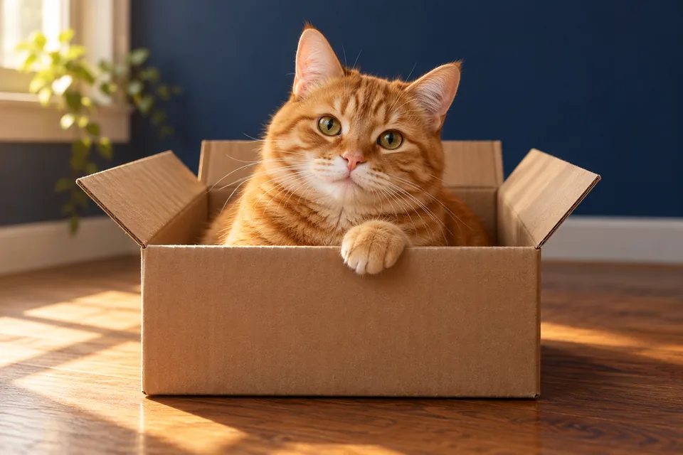 A relaxed ginger cat sitting inside an open cardboard box, with one paw resting on the rim
