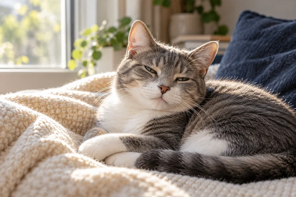 A grey-and-white cat rests with half-closed eyes and folded paws on a cream blanket beside a navy cushion