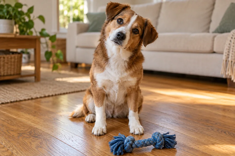 A relaxed brown-and-white dog sits on a wooden floor with its head gently tilted to one side