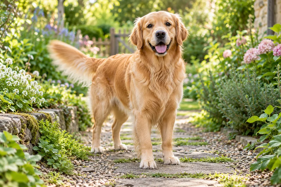A golden retriever stands on a garden path with a gently moving tail