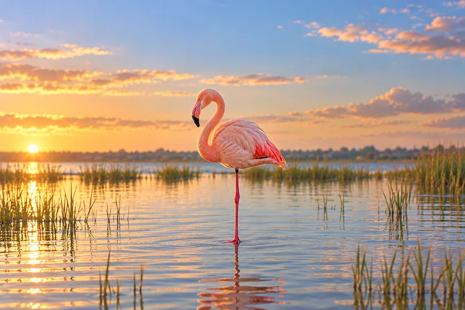 A pink flamingo rests in shallow lagoon water with one supporting leg and its other leg tucked into its feathers