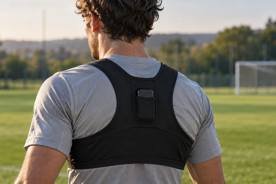 A footballer seen from behind wears a black tracking vest over a grey shirt, with a small pod in an upper-back pocket beside a green pitch