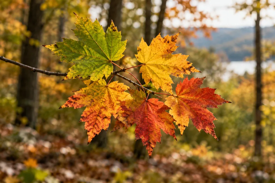 Green, golden-yellow and red maple leaves share a branch in softly lit woodland