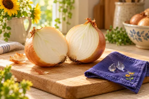 Two halves of a golden onion on a wooden board beside a purple handkerchief and glass teardrops