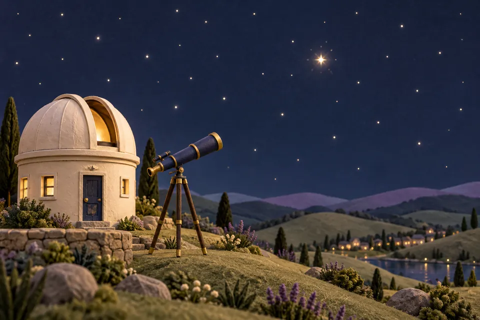 A small cream observatory and purple telescope beneath an indigo sky with a brighter shimmering star