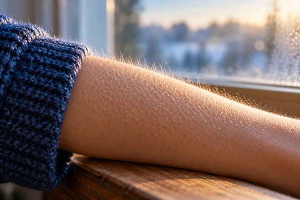 Fine hairs and subtle goosebumps on an adult forearm beside a blue knitted cuff and a cool morning window