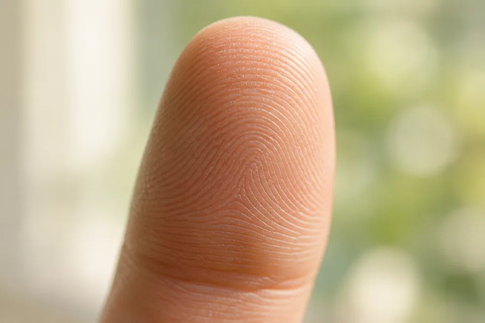 A close view of a fingertip shows fine curved fingerprint ridges against a soft green background