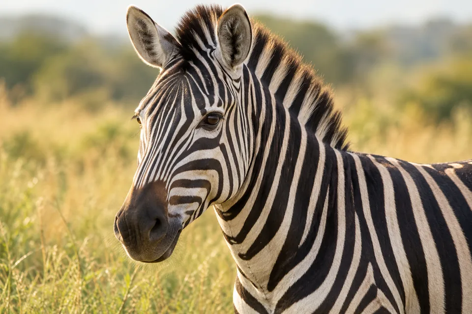A plains zebra with black-and-white stripes stands in warm, softly lit grassland