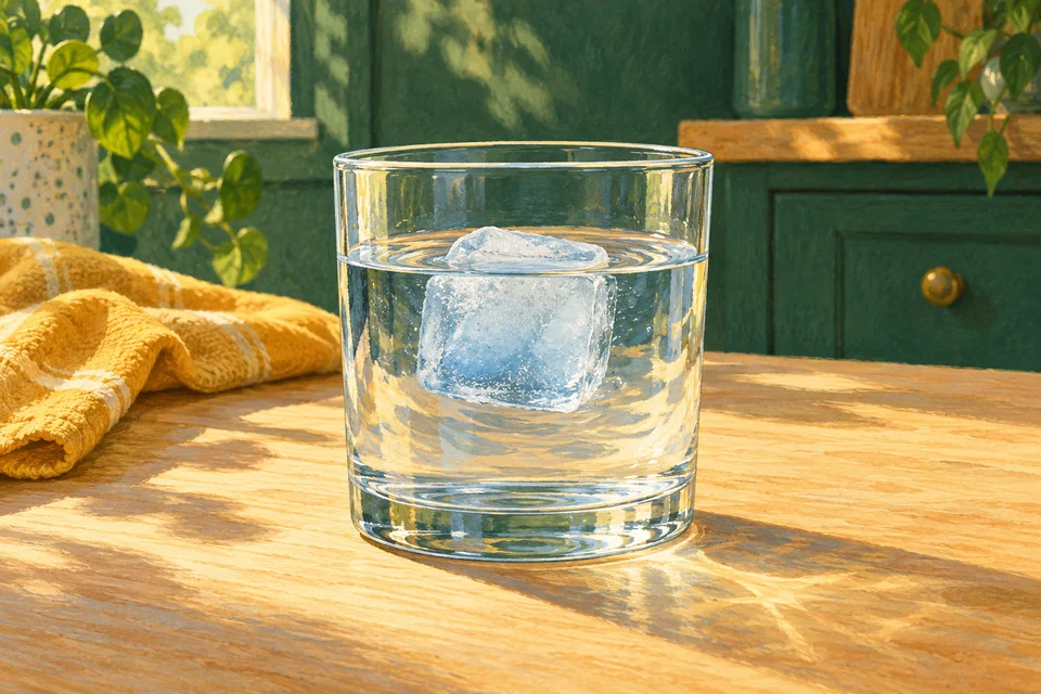 A pale-blue ice cube floating mostly below the waterline in a clear glass on a sunlit wooden table