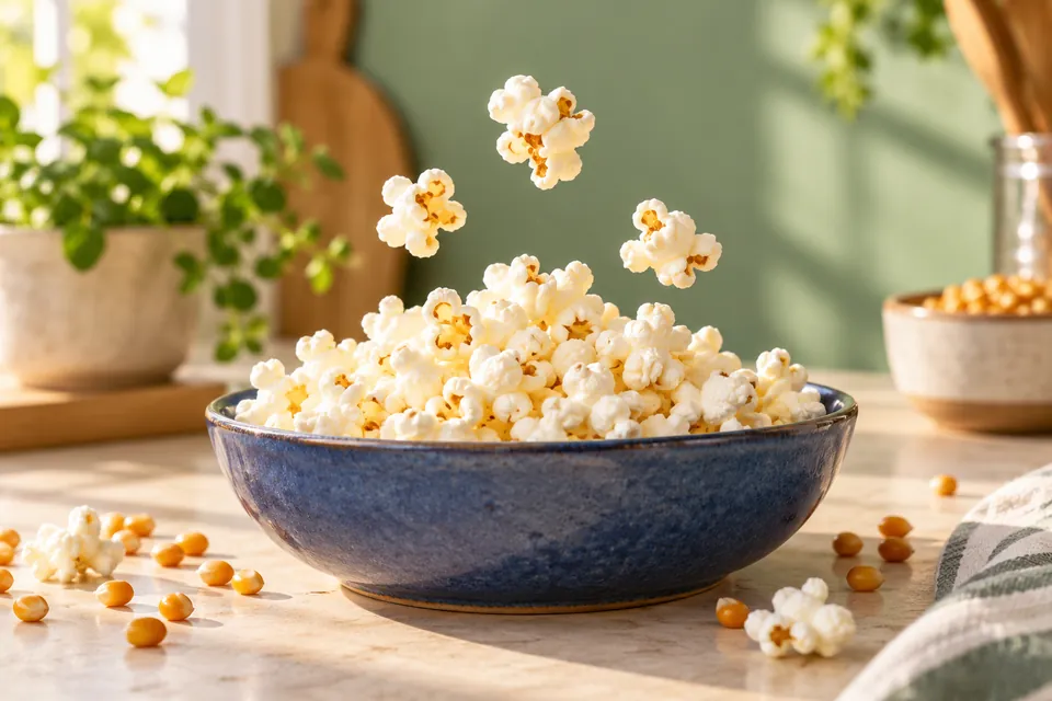 A blue ceramic bowl of popcorn with three popped pieces above it and golden kernels on a sunlit table