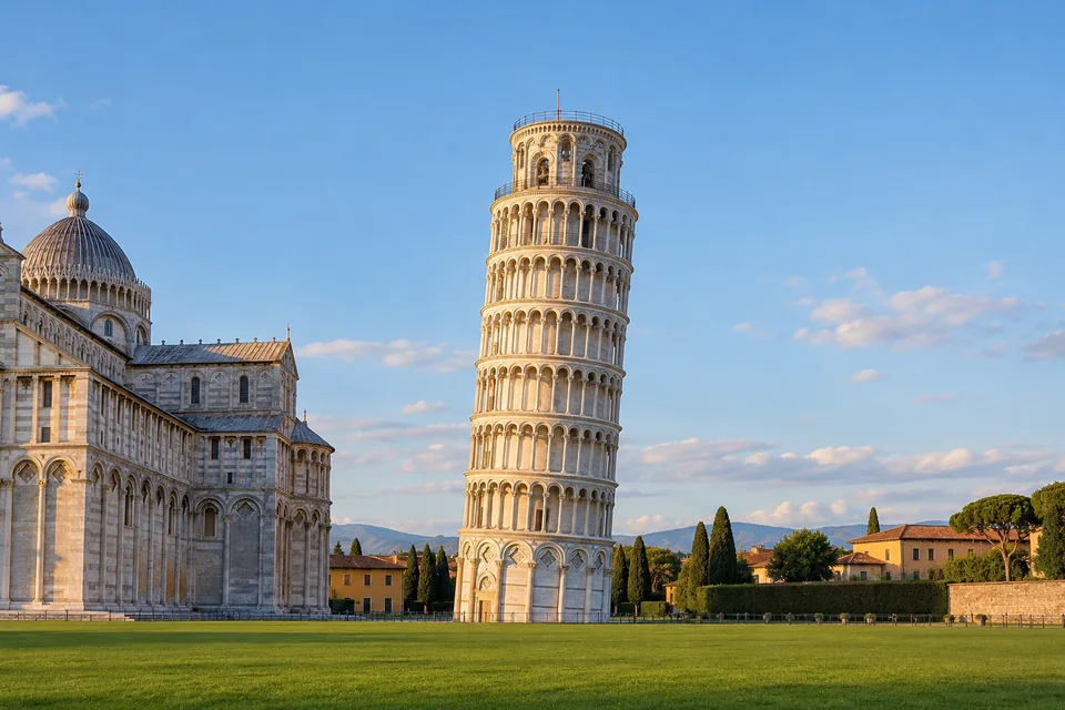 A realistic view of the leaning white marble Tower of Pisa beside its cathedral, with grass and blue sky