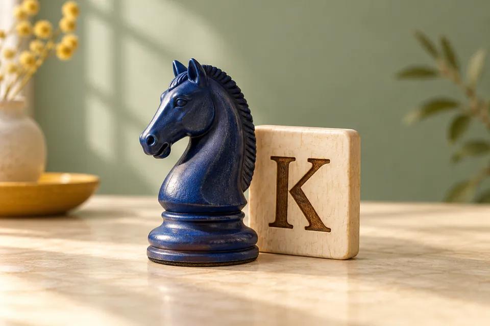 A deep blue chess knight stands beside a cream wooden tile bearing the letter K against a soft green background