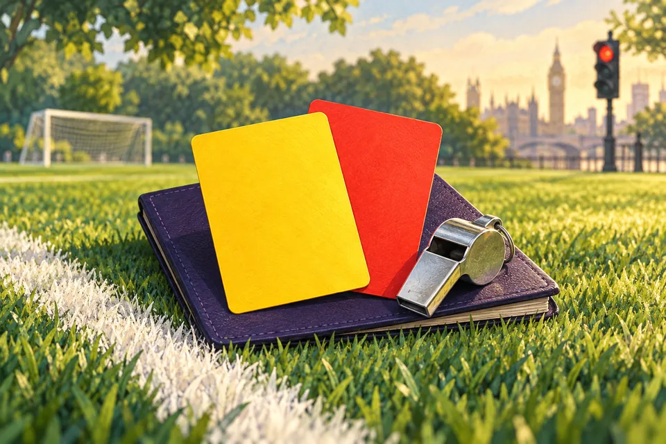 Plain yellow and red referee cards and a silver whistle rest on a violet notebook beside a football pitch