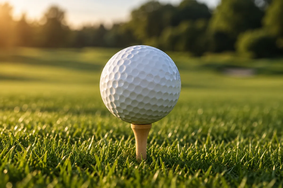 Close-up of a white dimpled golf ball on a wooden tee in sunlit grass