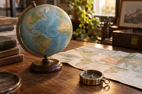 A globe, folded map and compass on a desk
