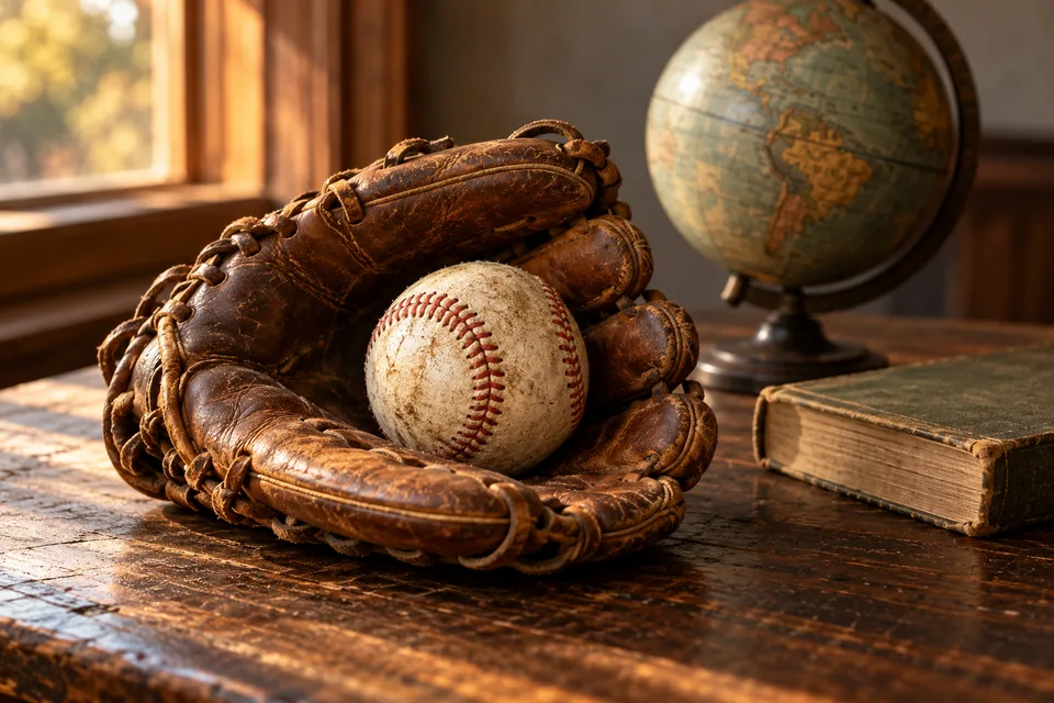 A worn baseball in a brown leather glove beside a plain old book and a softly blurred globe.