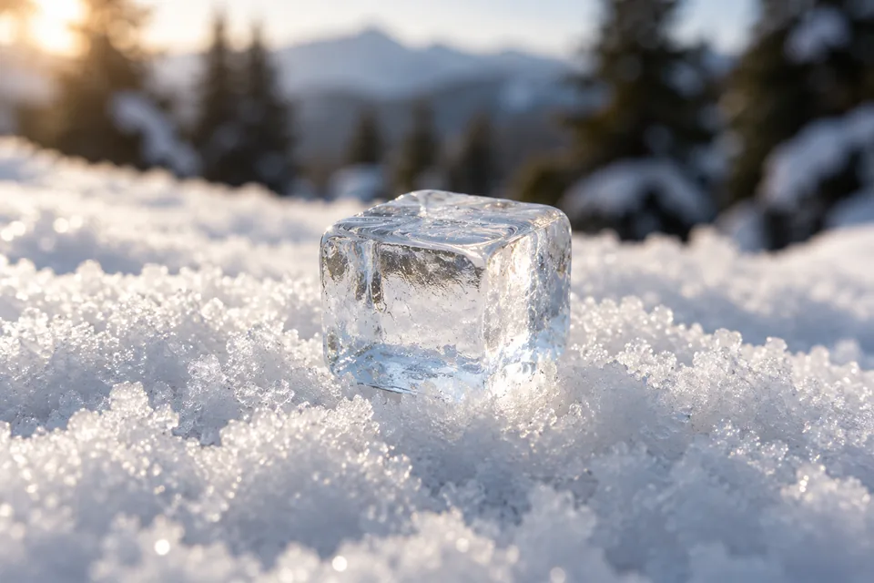 A clear piece of ice rests among white snow grains in soft winter daylight