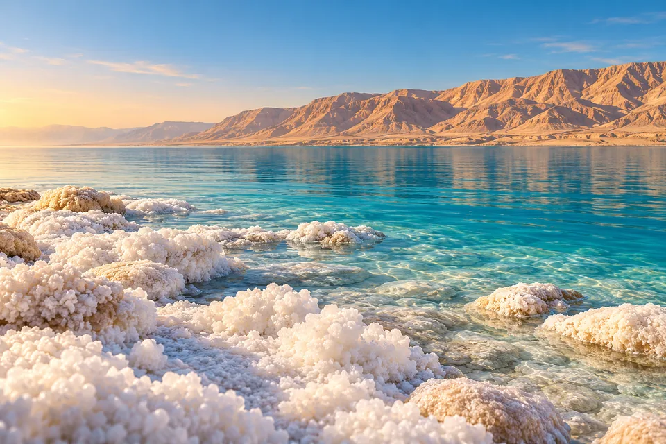 White salt crystals beside calm turquoise lake water and dry desert hills