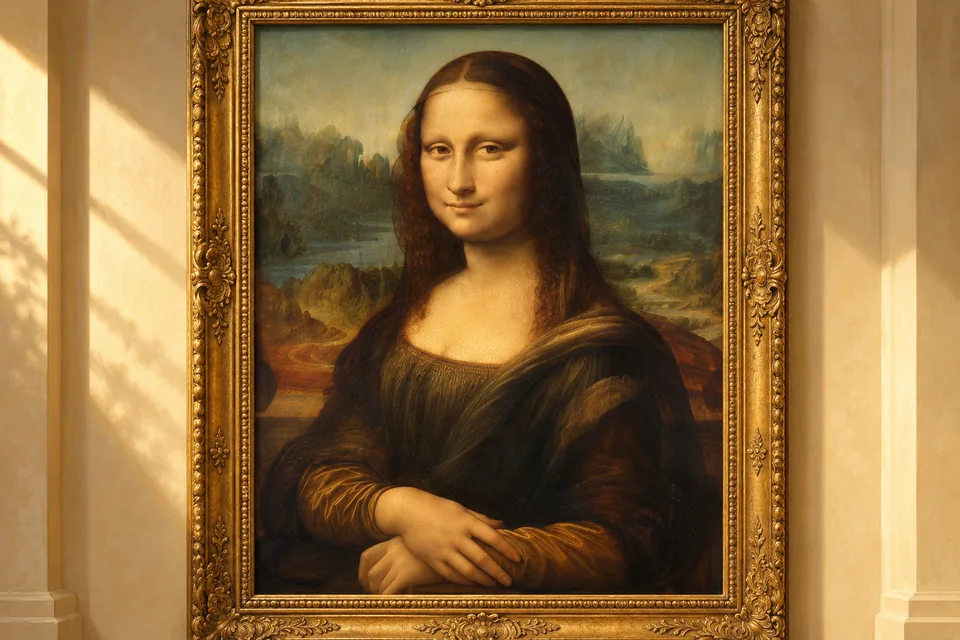 An original painted reinterpretation of the Mona Lisa in a gold frame against a softly lit cream gallery wall