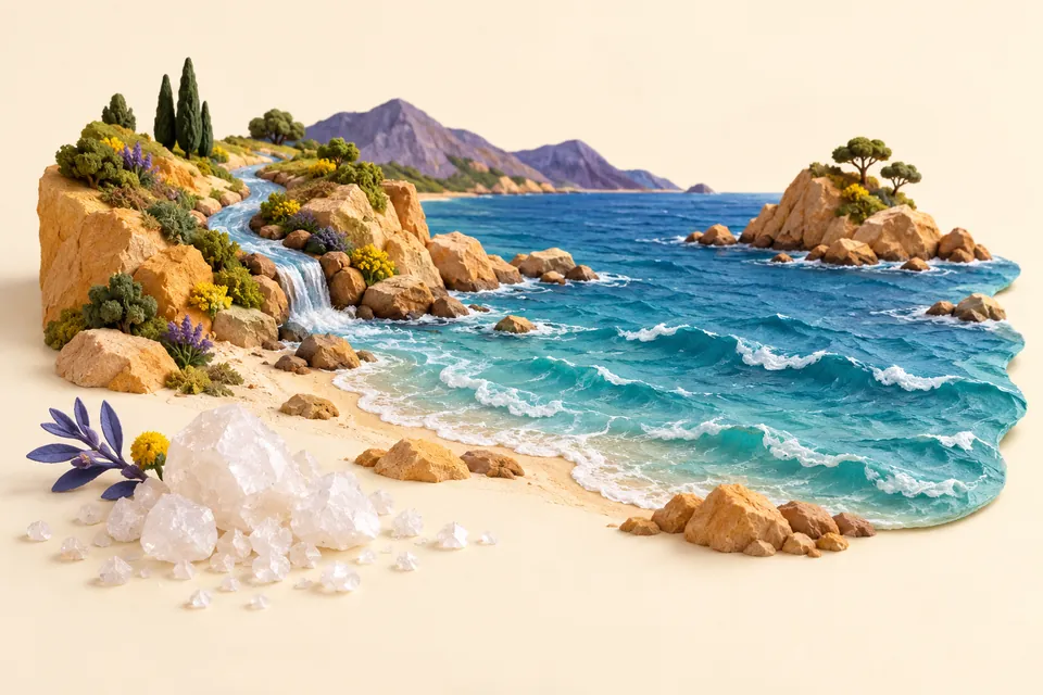 A miniature river meets a blue sea between ochre cliffs, with symbolic salt crystals in the foreground