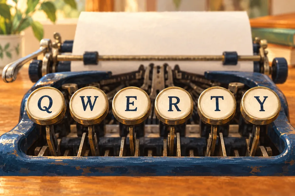 Six ivory typewriter keys labelled Q, W, E, R, T and Y sit in front of a blank sheet of paper