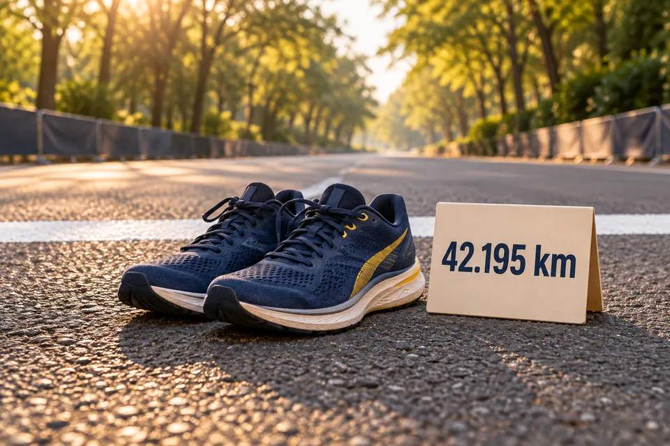 Indigo running shoes stand beside a cream sign reading 42.195 km near a white finish stripe on a tree-lined road