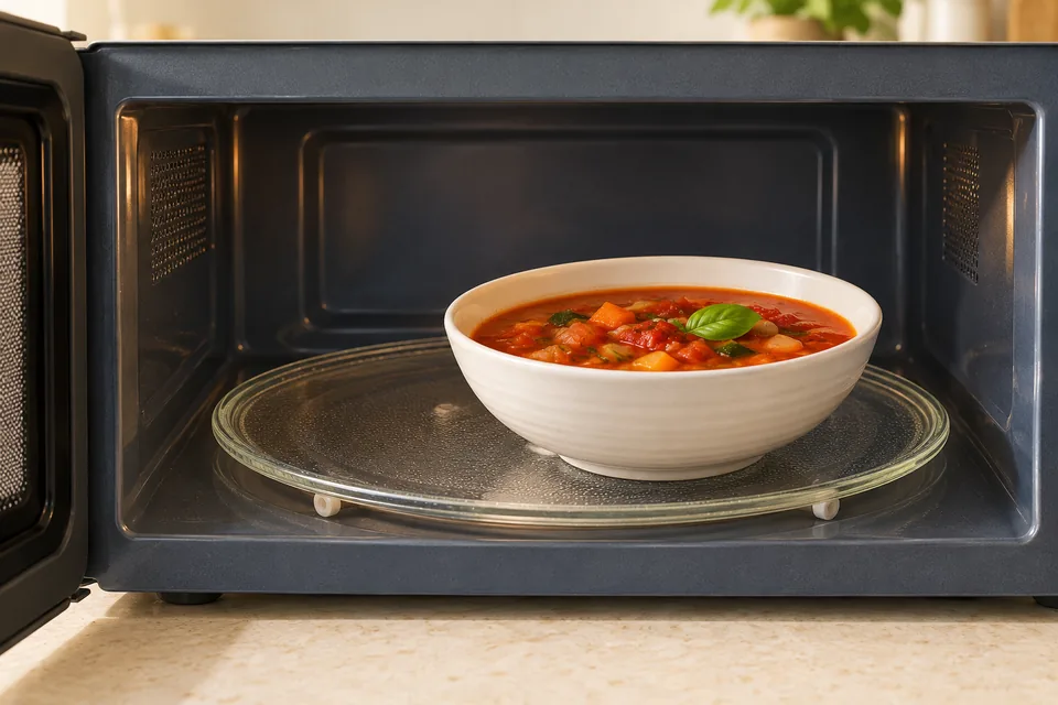 A bowl of vegetable soup on a clear glass turntable inside an open, switched-off microwave