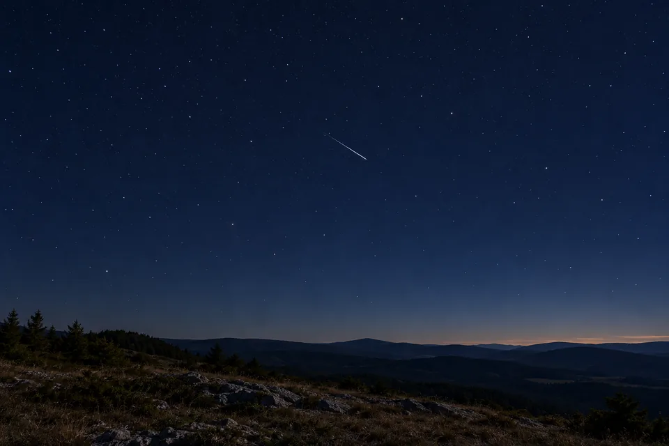 A single fine meteor streak above a dark ridge and a starry night sky