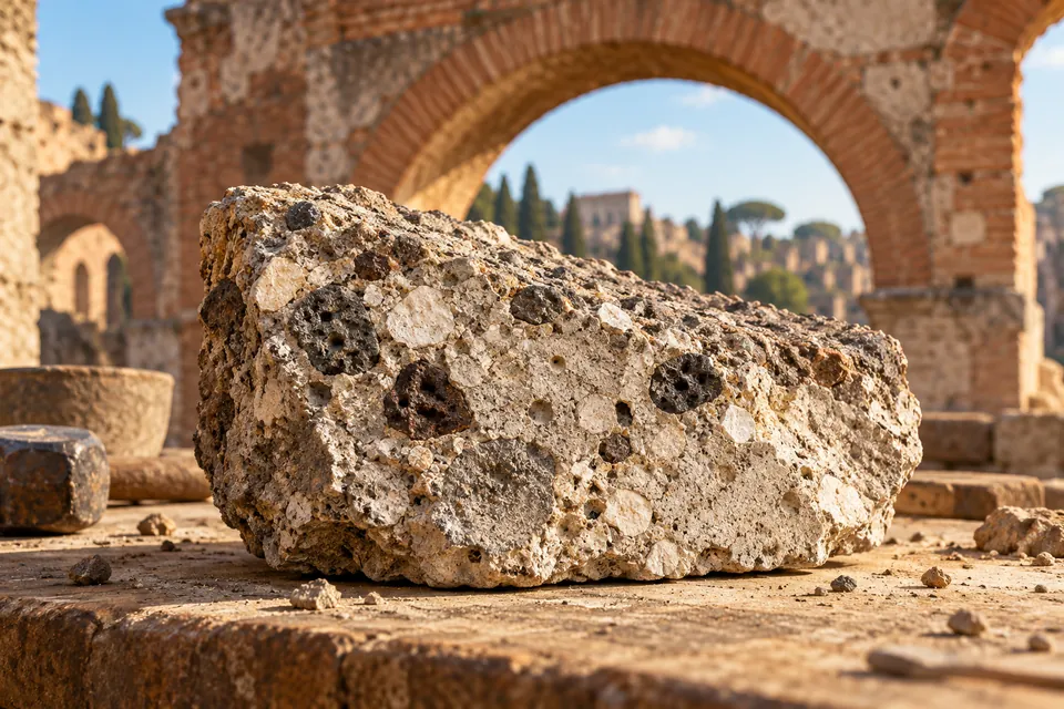 An illustrative rough concrete block with pale inclusions sits in front of a Roman-style brick arch