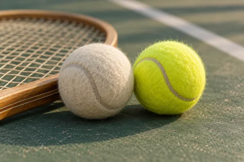 An off-white and an optic-yellow tennis ball beside a wooden racket on a green court
