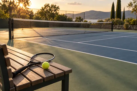 A tennis racket and yellow ball beside an empty sunlit tennis court