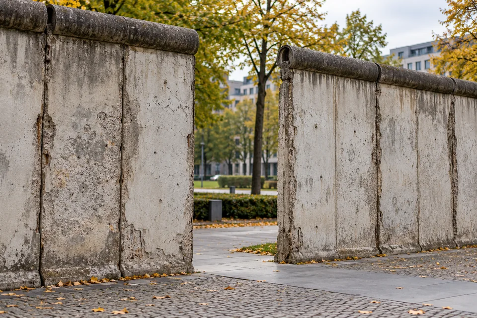 Weathered concrete wall panels with rounded tops frame an opening in a quiet autumn memorial-style scene