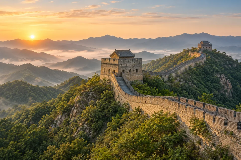 A grey-brick wall and watchtowers wind across green mountain ridges in warm morning light