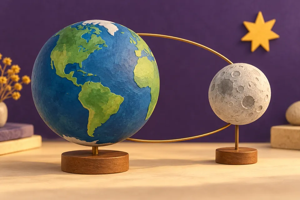 Blue model Earth beside a smaller cratered grey Moon on a curved orbital wire, an illustrative tabletop display