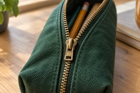 A half-open brass zipper on a green canvas pencil case, with a pencil inside
