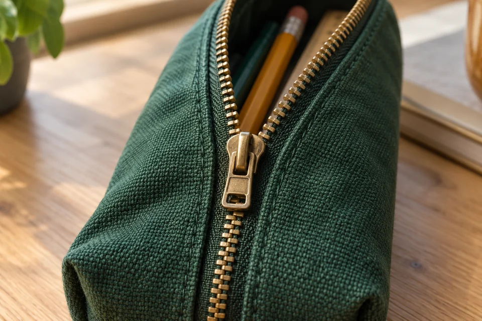 A half-open brass zipper on a green canvas pencil case, with a pencil inside