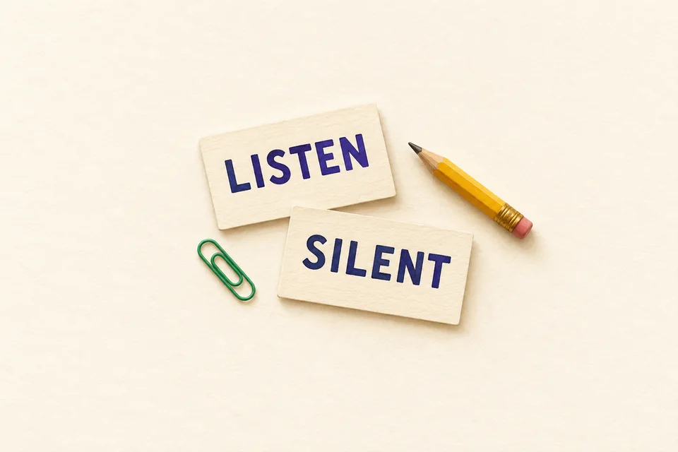 Two cream cards spelling LISTEN and SILENT beside a yellow pencil and a green paperclip