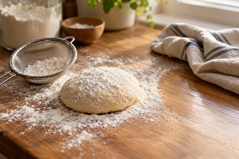 Flour dusted over dough beside a sieve and cleaning cloth on a wooden worktop